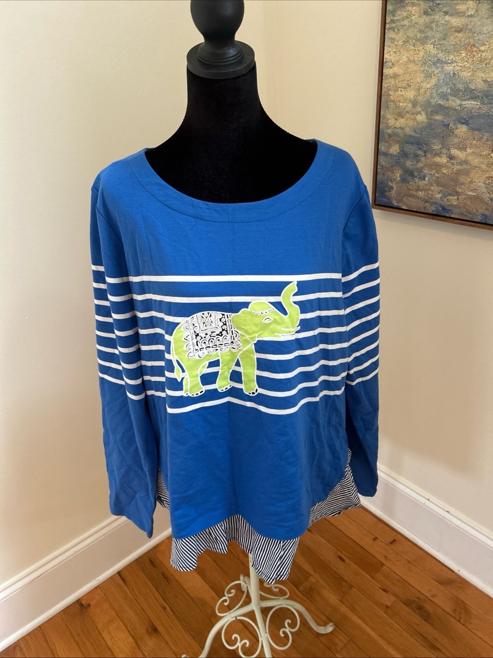 Crown & Ivy Blue BOHOStriped Elephant Print Ruffle Hem Blouse Top Size XL NWT